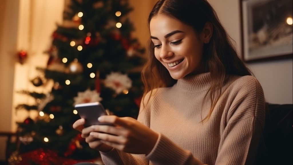 Mulher sorrindo olhando celular com árvore de Natal ao fundo